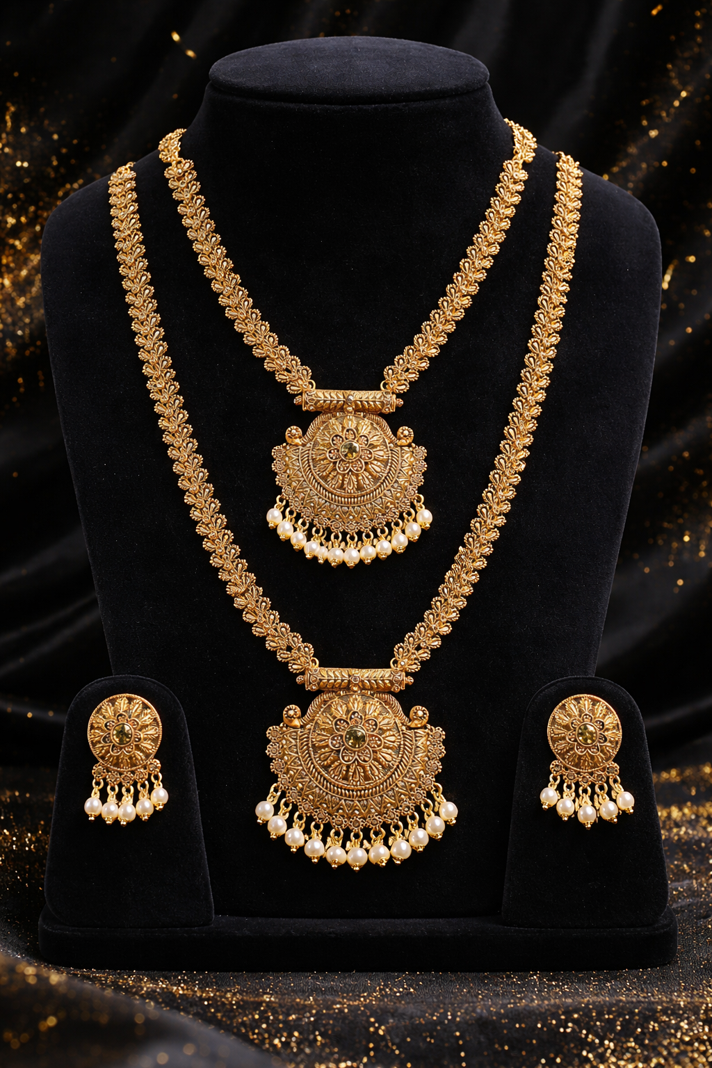 Antique Gold Double Necklace Set - Design 4